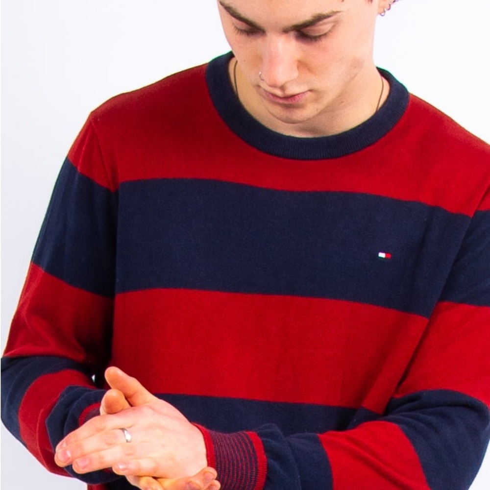 Tommy Hilfiger Men's Red and Navy Striped Crewneck Sweater